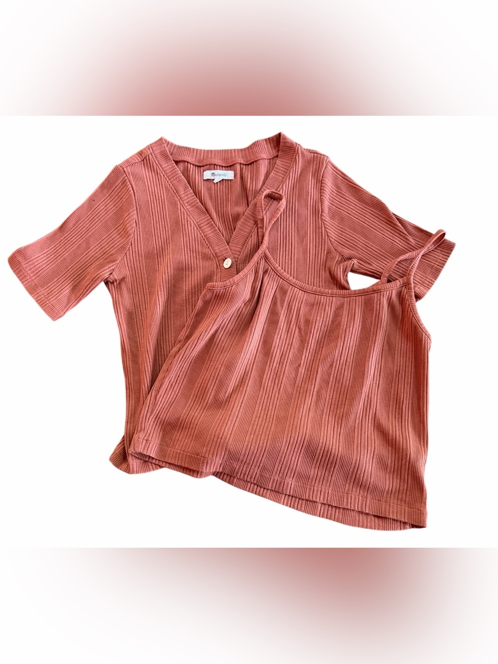 Madewell Ribbed V-Neck Top & Matching Cami — Rust / Terracotta Size M